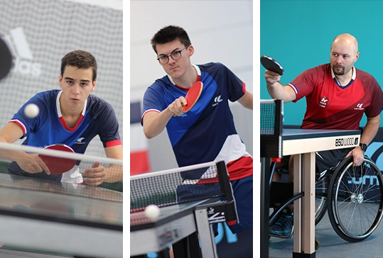 Photos des athlètes accompagnés individuellement par Cornilleau : Lucas Didier, Clément Berthier, Maxime Thomas